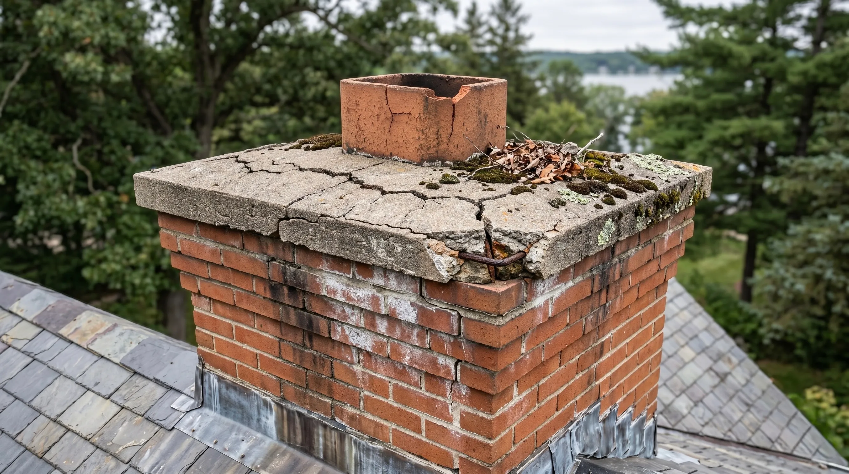 Before — cracked crown, pooling water