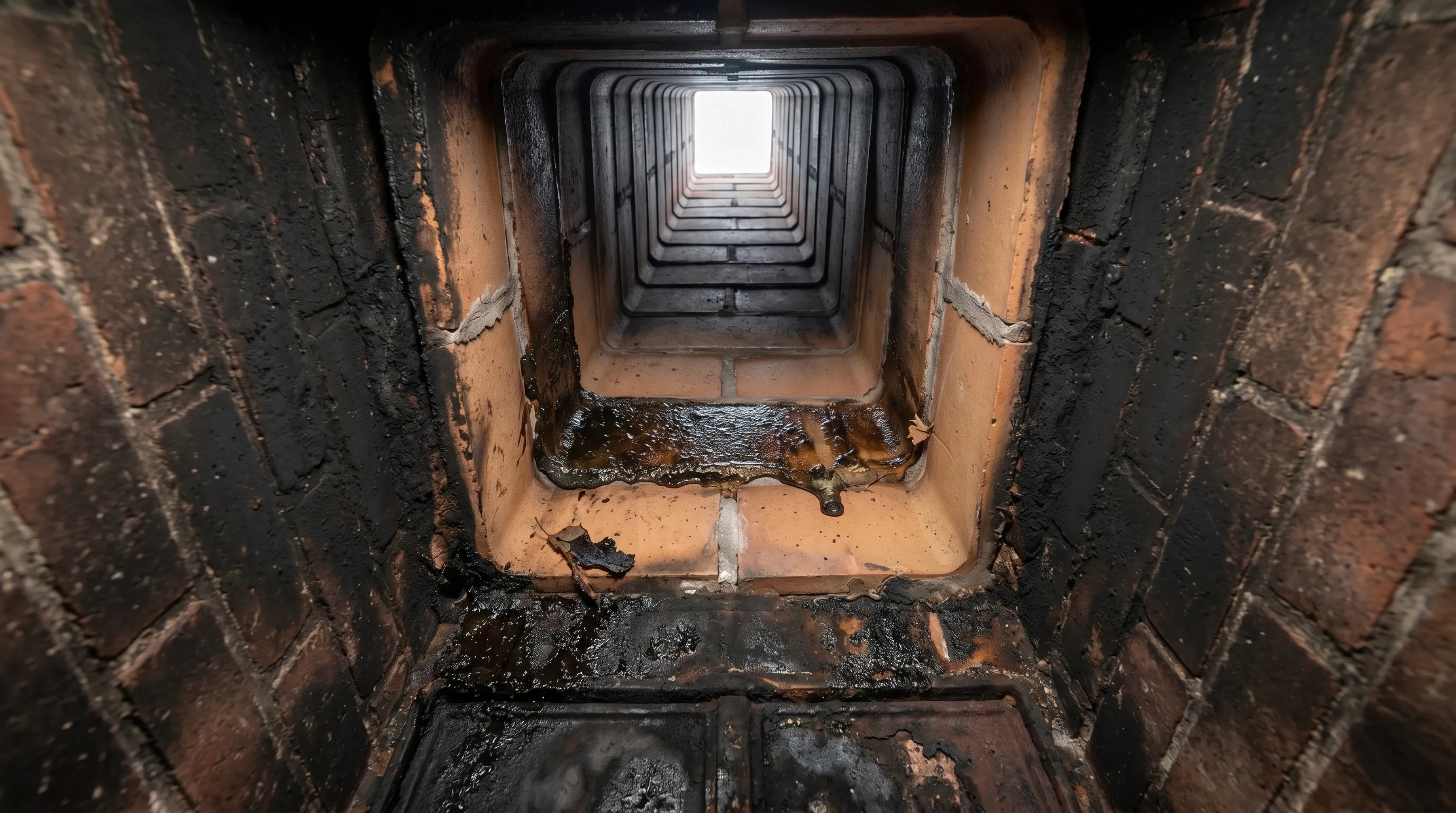 Before — heavy creosote buildup in flue
