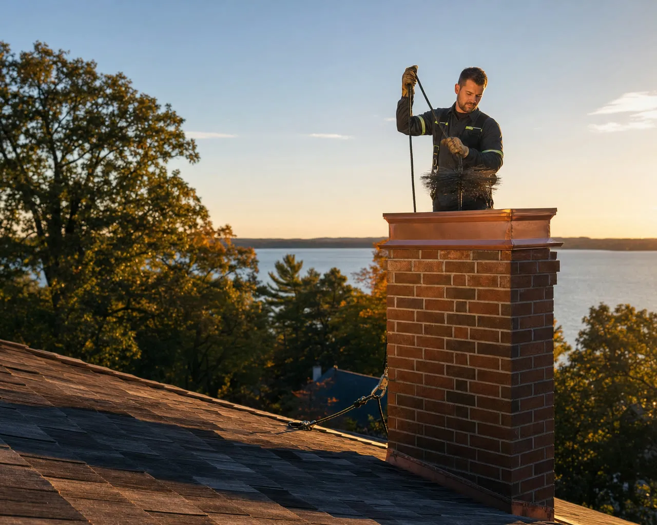 All 4 Seasons CSIA-certified chimney sweep working at the top of a brick chimney with a copper cap, golden hour over Geneva Lake in the background.