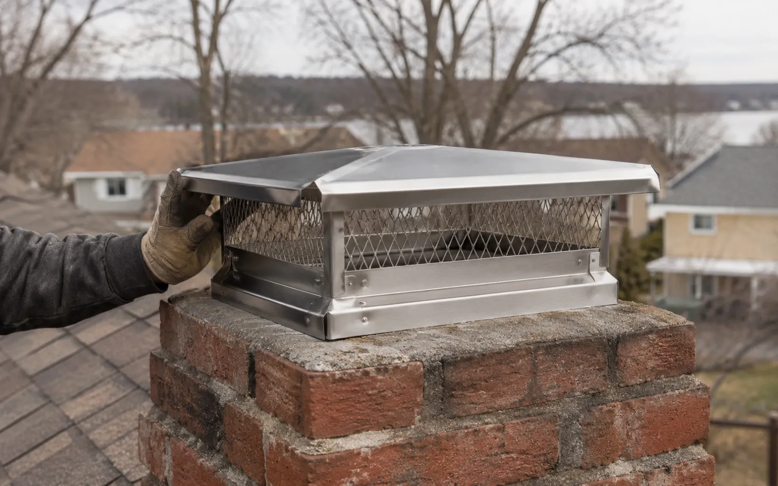 Stainless steel chimney cap being fitted on a brick chimney