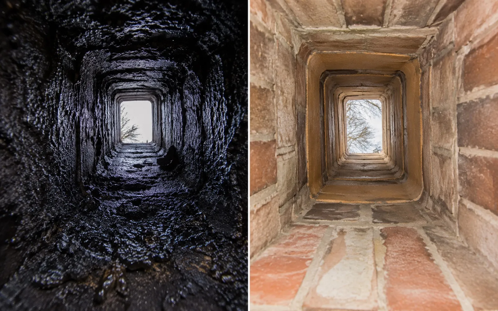 Inside a chimney flue before and after sweeping — creosote-coated vs. clean clay liner