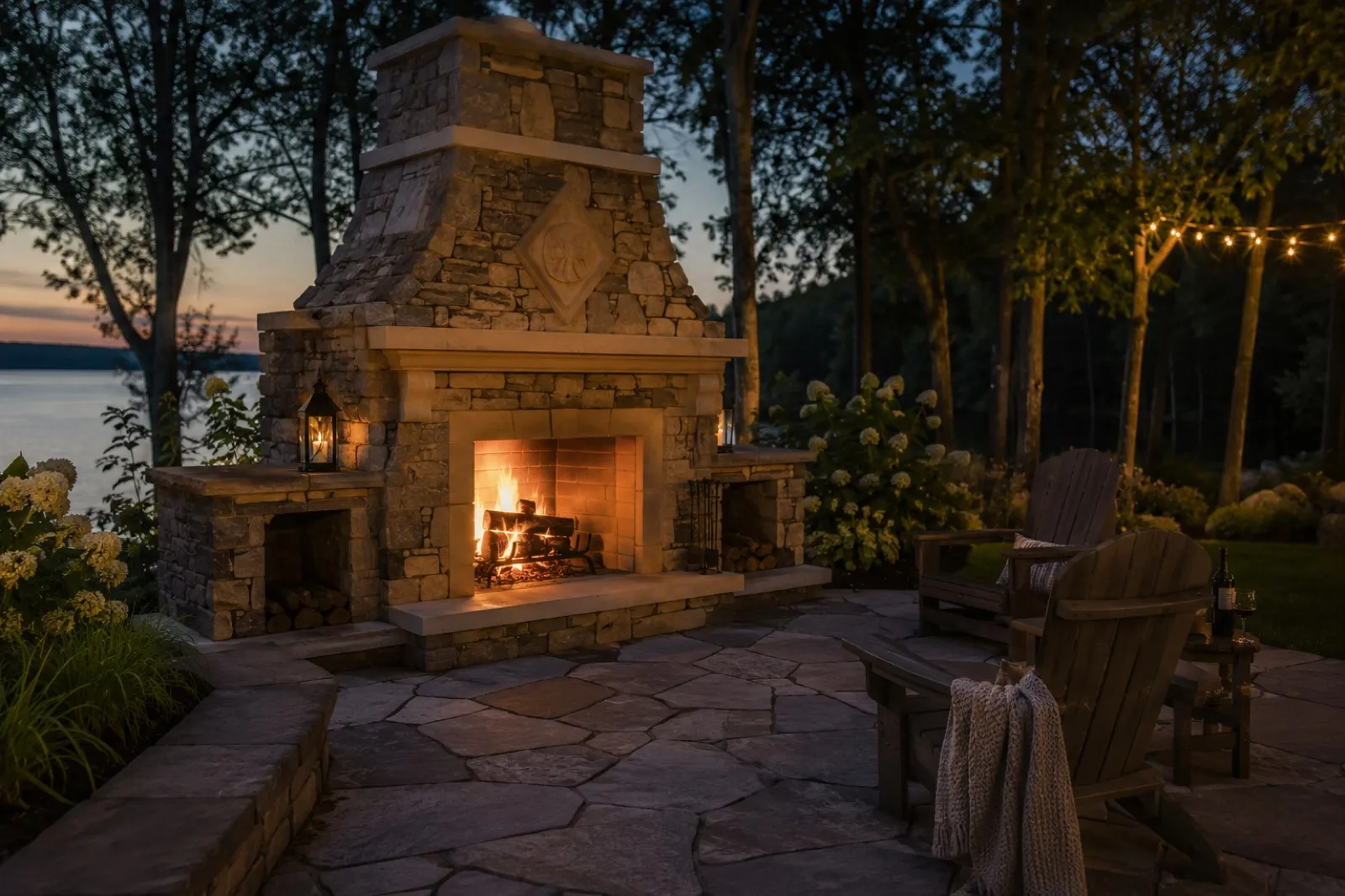 Custom stone outdoor fireplace burning at dusk on a lakeside patio