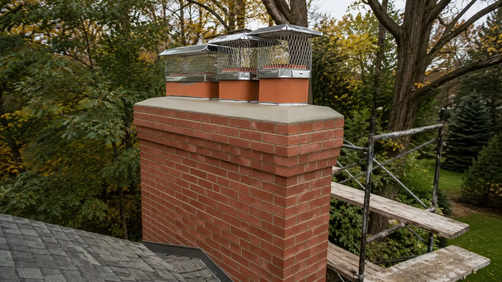 Rebuilt brick chimney with a fresh concrete crown and new caps