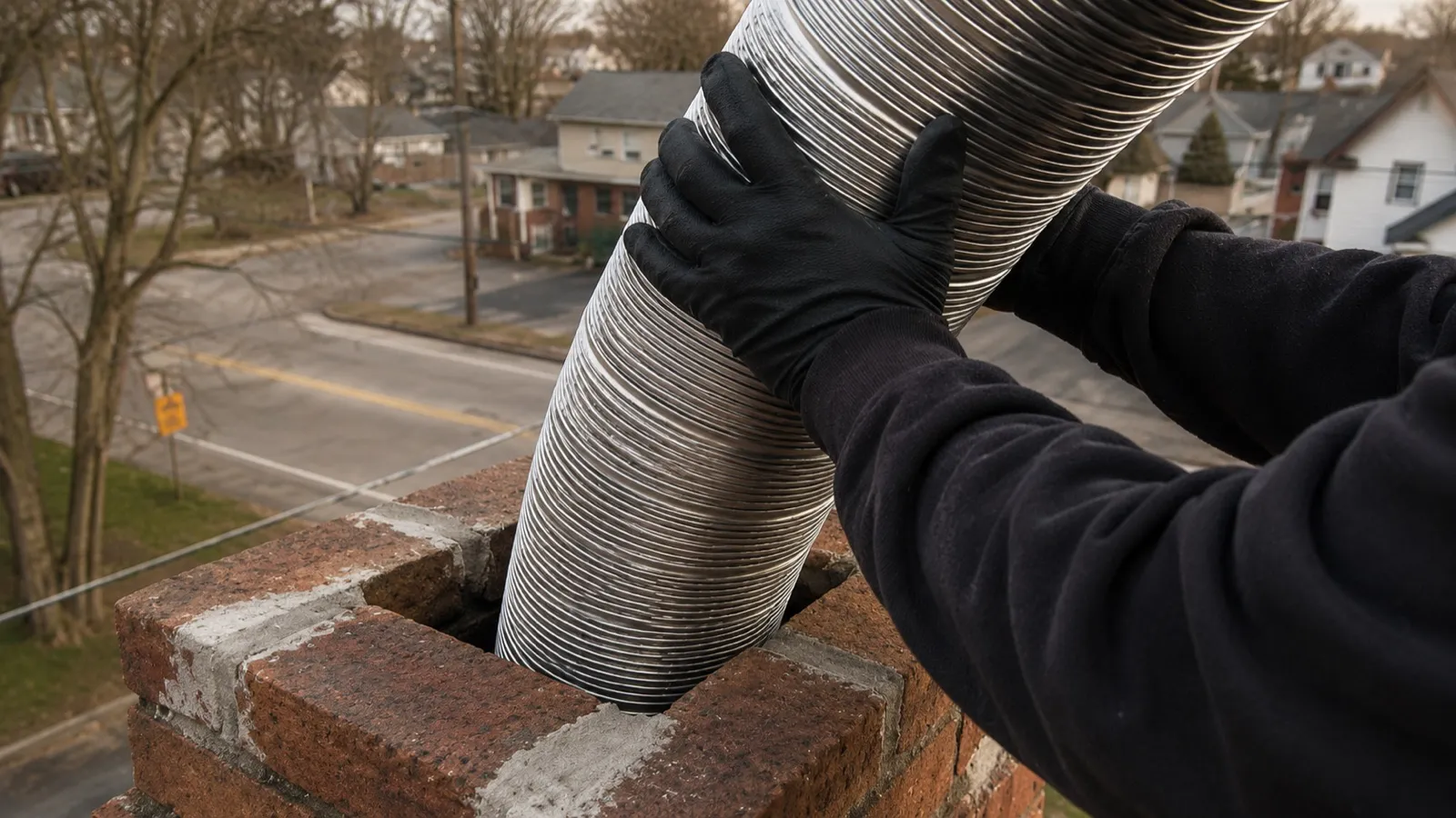Flexible stainless steel liner being lowered into a brick chimney