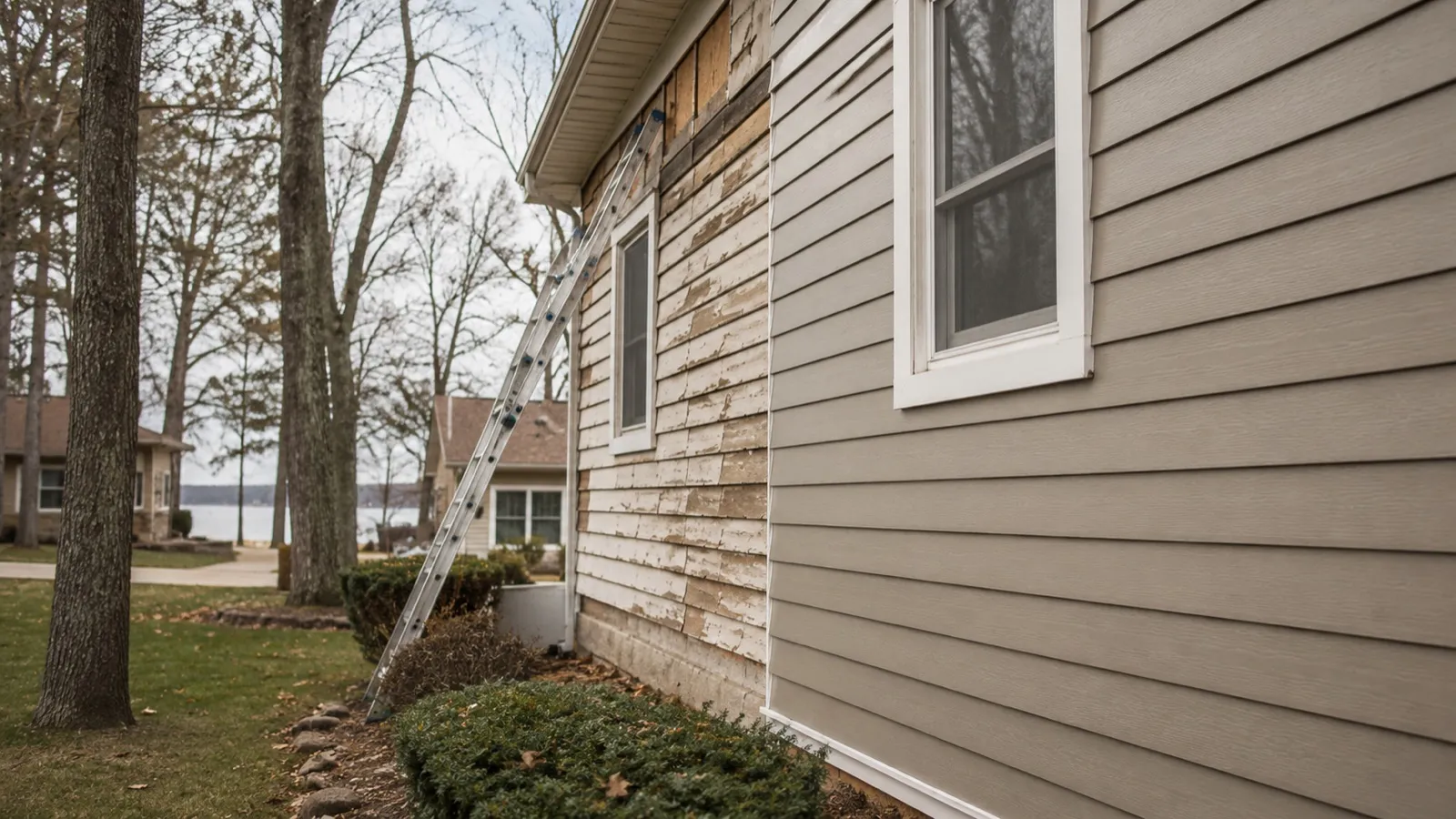 Weathered old siding mid-replacement with new lap siding