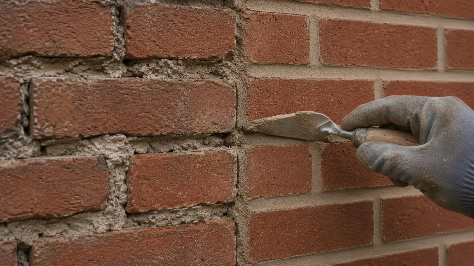 Fresh color-matched mortar joints beside eroded joints during tuckpointing