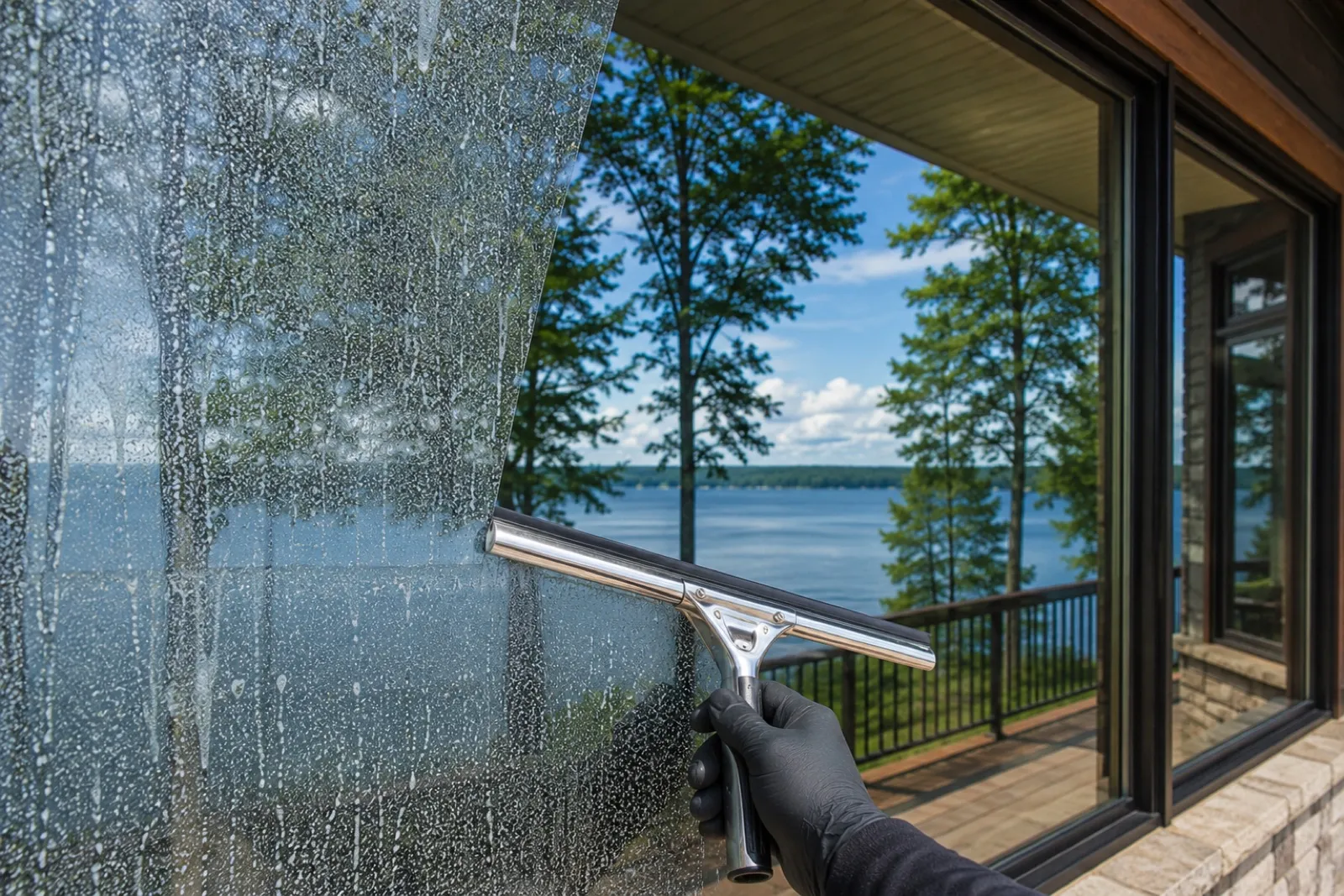 Squeegee clearing a soapy lake-house window to a clear finish